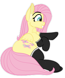 Size: 3900x4667 | Tagged: safe, artist:justapone, fluttershy, pegasus, pony, g4, absurd resolution, black socks, chest fluff, chin fluff, clothes, colored, cute, ear fluff, female, happy, lying down, mare, prone, simple background, smiling, socks, solo, teeth, transparent background, wings