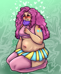 Size: 903x1089 | Tagged: safe, artist:bloom_beesz, pinkie pie, human, g4, abstract background, alternative cutie mark placement, bbw, belly, belly button, blushing, blushing profusely, chubby, clothes, cotton candy, cutie mark on human, eating, eyes closed, fat, female, humanized, kneeling, microskirt, midriff, miniskirt, muffin top, pudgy pie, red nosed, short shirt, shoulder cutie mark, skirt, smiling, socks, solo, stretchmarks, thigh highs, tumblr nose