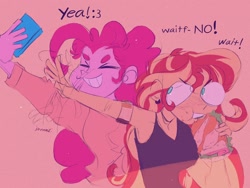 Size: 2048x1536 | Tagged: safe, artist:dreamz, pinkie pie, sunset shimmer, human, equestria girls, g4, alternate hairstyle, bare shoulders, cellphone, choker, clothes, duo, ear piercing, earring, eating, eyes closed, female, food, grin, jewelry, lesbian, phone, piercing, pink background, sandwich, selfie, ship:sunsetpie, shipping, shirt, simple background, sleeveless, smartphone, smiling, tank top