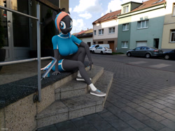 Size: 4032x3024 | Tagged: safe, artist:deneb, oc, oc only, oc:celestial sapphire, anthro, plantigrade anthro, 3d, big breasts, blender, breasts, building, car, clothes, compression shorts, female, fit, irl, midriff, outdoors, photo, ponies in real life, porch, real life background, shoes, shorts, sitting, slender, socks, solo, street, tank top, thin, tin can, toned, training