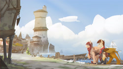 Size: 3556x2000 | Tagged: safe, artist:littlepolly, oc, oc only, oc:ondrea, oc:swango, hippogriff, pegasus, pony, city, cloud, detailed background, high res, lighthouse, pier, sailboat, scenery, shore, swandrea, water