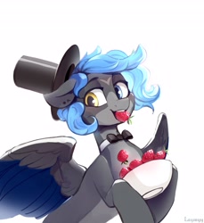 Size: 3749x4096 | Tagged: safe, artist:laymy, oc, oc only, pegasus, pony, bowl, food, forehead mark, hat, heterochromia, mouth hold, simple background, solo, strawberry, white background