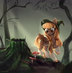 Size: 4044x4096 | Tagged: safe, artist:laymy, oc, oc only, pegasus, pony, female, forest, mushroom, solo, tree stump