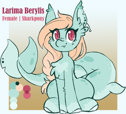 Size: 1668x1512 | Tagged: safe, artist:ruef, oc, oc only, oc:larima berylis, original species, pony, shark, shark pony, colored pupils, cute, ear piercing, earring, female, gradient background, jewelry, mare, piercing, red eyes, solo