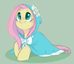 Size: 1051x902 | Tagged: safe, artist:melodylibris, fluttershy, pegasus, pony, secret of my excess, bow, bowtie, cape, clothes, cute, daaaaaaaaaaaw, female, flower, green background, hnnng, hooded cape, looking up, lying down, mare, prone, shyabetes, simple background, smiling, sweet dreams fuel, taffeta cape, weapons-grade cute