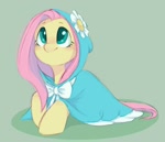 Size: 1051x902 | Tagged: safe, artist:melodylibris, fluttershy, pegasus, pony, bow, bowtie, cape, clothes, cute, daaaaaaaaaaaw, female, flower, green background, hnnng, hooded cape, looking up, lying down, mare, prone, shyabetes, simple background, smiling, sweet dreams fuel, taffeta cape, weapons-grade cute
