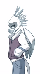 Size: 1642x3000 | Tagged: safe, artist:vistamage, oc, oc only, oc:vistamage, griffon, anthro, griffon oc, looking at you, male, side view, simple background, solo, white background