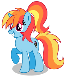 Size: 690x817 | Tagged: safe, artist:madlilon2051, edit, editor:pagiepoppie12345, oc, oc only, oc:artie brush, pony, unicorn, female, horn, looking at you, mare, multicolored hair, paint, paintbrush, ponytail, rainbow hair, raised hoof, simple background, smiling, transparent background