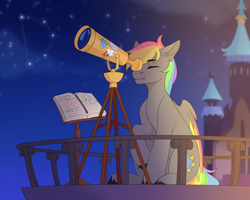 Size: 4000x3200 | Tagged: safe, artist:chamommille, oc, oc only, oc:dark rainbow, pegasus, pony, astronomy, book, castle, colored wings, commission, constellation, eyes closed, folded wings, male, multicolored wings, night, pegasus oc, rainbow wings, sitting, solo, stallion, stars, telescope, wings, working, ych result