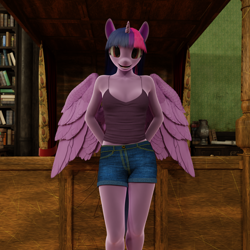Size: 1890x1890 | Tagged: safe, artist:stellarator, twilight sparkle, alicorn, anthro, unguligrade anthro, comic:a morning with the night, comic:a morning with the night part 9, g4, 3d, blender, blender cycles, bookshelf, breasts, cleavage, clothes, comic panel, cycles render, looking at you, not sfm, tank top, twilight sparkle (alicorn)