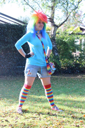 Size: 2000x3000 | Tagged: safe, artist:cubie-panda, artist:evil-overlord-laharl, rainbow dash, human, g4, 2011, clothes, converse, cosplay, costume, fingerless gloves, gloves, hand on hip, high res, irl, irl human, multicolored hair, photo, rainbow hair, rainbow socks, shoes, socks, solo, striped socks