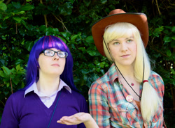 Size: 2858x2099 | Tagged: safe, artist:cubie-panda, artist:selenaestella, applejack, twilight sparkle, human, g4, 2012, clothes, cosplay, costume, cowboy hat, duo, glasses, hat, high res, irl, irl human, photo
