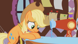 Size: 667x380 | Tagged: safe, screencap, applejack, earth pony, pony, g4, magical mystery cure, season 3, a true true friend, applejack's hat, bipedal, bipedal leaning, carousel boutique, cowboy hat, fabric, female, hat, leaning, mare, measuring tape, sewing, sewing machine, swapped cutie marks, youtube link