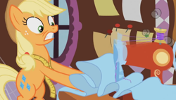 Size: 668x380 | Tagged: safe, screencap, applejack, earth pony, pony, g4, magical mystery cure, season 3, a true true friend, applejack's hat, bipedal, carousel boutique, cowboy hat, fabric, female, hat, mare, measuring tape, sewing, sewing machine, shocked, smoke, solo, swapped cutie marks, youtube link