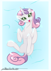 Size: 1682x2352 | Tagged: safe, artist:staceyld636, sweetie belle, pony, unicorn, g4, female, happy, looking at you, lying down, mare, older, older sweetie belle, smiling, smiling at you, solo