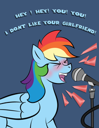 Size: 2550x3300 | Tagged: safe, artist:vareb, rainbow dash, pegasus, pony, g4, avril lavigne, blushing, drunk, drunker dash, emanata, eyes closed, female, girlfriend, high res, karaoke, mare, microphone, open mouth, singing, smiling, solo, song reference