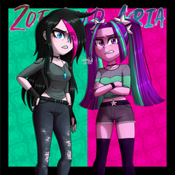 Size: 2995x2993 | Tagged: safe, artist:zoe-975, aria blaze, oc, oc:zoe star pink, human, equestria girls, g4, badass, clothes, denim, duo, duo female, female, goth, hair over one eye, high res, jeans, jewelry, makeup, necklace, pants, ripped jeans, ripped pants, shorts, torn clothes
