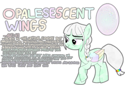 Size: 1957x1336 | Tagged: safe, artist:vilkathewolf, oc, oc only, oc:opalescent wings, crystal pony, pegasus, pony, braid, colored wings, female, lore, mother, multicolored wings, rainbow wings, reference sheet, simple background, solo, transparent background, wings