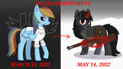 Size: 1920x1080 | Tagged: safe, artist:suidian, rainbow dash, oc, hybrid, pegasus, pony, unicorn, zony, fallout equestria, fanfic:rainbow factory, g4, amputee, clothes, comparison, fanfic art, gun, improvement, lab coat, magic, prosthetic leg, prosthetic limb, prosthetics, telekinesis, weapon