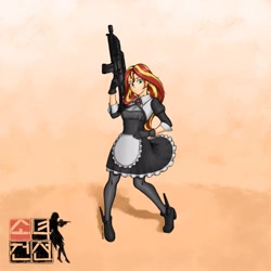 Size: 3840x3840 | Tagged: safe, artist:sleepwritten, sunset shimmer, human, g4, ami koshimizu, clothes, cosplay, costume, g36, girls' frontline, gun, high res, humanized, maid, solo, voice actor joke, weapon