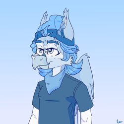Size: 5000x5000 | Tagged: safe, artist:xasslash, oc, oc only, oc:flynn the icecold, griffon, anthro, beanie, clothes, hat, male, piercing, simple background, solo