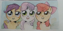 Size: 3000x1485 | Tagged: safe, artist:fantasysong864, apple bloom, scootaloo, sweetie belle, earth pony, pegasus, pony, unicorn, g4, cutie mark crusaders, female, filly, foal, traditional art