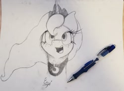 Size: 1518x1120 | Tagged: safe, artist:engi, princess luna, alicorn, pony, g4, crown, female, happy, jewelry, looking at you, open mouth, pencil drawing, photo, regalia, simple background, solo, traditional art
