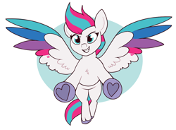 Size: 1136x837 | Tagged: safe, artist:lulubell, zipp storm, pegasus, pony, g5, female, flying, heart, hoof heart, mare, simple background, smiling, solo, spread wings, underhoof, upside-down hoof heart, white background, wings