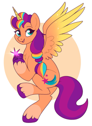 Size: 1031x1400 | Tagged: safe, artist:lulubell, sunny starscout, alicorn, pony, g5, my little pony: a new generation, colored hooves, colored wings, female, gem, gradient wings, happy, heart, hoof heart, looking at you, mane stripe sunny, mare, multicolored mane, multicolored wings, open mouth, open smile, race swap, simple background, smiling, solo, sunnycorn, tail, two toned tail, underhoof, unshorn fetlocks, upside-down hoof heart, white background, wings