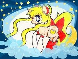 Size: 900x675 | Tagged: safe, artist:cryptidkitty, earth pony, pony, anime, crossover, female, mare, night, ponified, sailor moon, sailor moon (series), smiling, stars, tsukino usagi