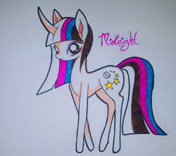 Size: 600x532 | Tagged: safe, artist:cryptidkitty, oc, oc only, oc:midnight, pony, unicorn, female, horn, mare, pencil drawing, text, traditional art