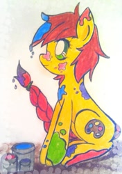 Size: 585x829 | Tagged: safe, artist:cryptidkitty, oc, oc only, oc:paint pallet, earth pony, pony, female, mare, paint, paint can, pencil drawing, requested art, sitting, smiling, traditional art