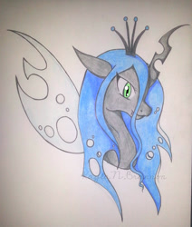 Size: 600x709 | Tagged: safe, artist:cryptidkitty, queen chrysalis, changeling, changeling queen, pony, g4, crown, fangs, female, floppy ears, hole, horn, jewelry, mare, pencil drawing, regalia, traditional art, wings