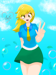 Size: 1500x2000 | Tagged: safe, artist:dibujoschidosdelabad, derpy hooves, human, equestria girls, g4, bubble, eye clipping through hair, eyebrows, eyebrows visible through hair, female, human coloration, looking at you, open mouth, open smile, peace sign, smiling, solo