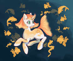 Size: 1800x1500 | Tagged: safe, artist:bitpony, oc, oc only, fish, goldfish, pony, unicorn, bubble, female, green eyes, horn, mare, ocean, orange mane, signature, smiling, solo, swimming, underwater, water