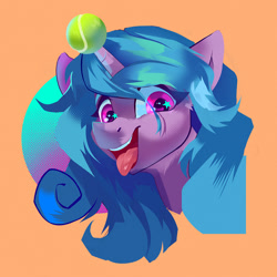 Size: 999x999 | Tagged: safe, artist:jazzynsfw, izzy moonbow, pony, unicorn, g5, ball, horn, hornball, izzy's tennis ball, mawshot, open mouth, open smile, smiling, solo, starry eyes, tennis ball, tongue out, wingding eyes