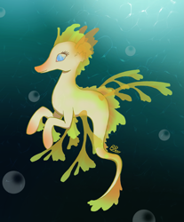 Size: 1653x2000 | Tagged: safe, artist:bitpony, oc, oc only, hybrid, merpony, seapony (g4), blue eyes, bubble, crepuscular rays, dorsal fin, female, fins, fish tail, leafy seadragon, mare, ocean, smiling, solo, sunlight, tail, underwater, water