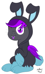 Size: 1632x2650 | Tagged: safe, artist:mihay, oc, oc:moonlight thunder, bat pony, pony, ;p, animal costume, bunny costume, clothes, commission, costume, dangerous mission outfit, easter, goggles, holiday, hoodie, looking at you, male, one eye closed, raised hoof, simple background, sitting, solo, tongue out, transparent background, wink, winking at you, ych result