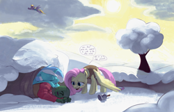 Size: 4112x2644 | Tagged: safe, artist:dotkwa, cloud kicker, fluttershy, lyra heartstrings, oc, oc:anon, human, pegasus, pony, unicorn, art pack:winter wrap pack, g4, bell, clothes, dialogue, eyes closed, female, floppy ears, flying, hibernation, high res, human in equestria, human male, looking down, lying down, male, mare, open mouth, prone, sleeping, sleeping together, snow, speech bubble, spread wings, sweat, sweatdrop, talking, tree, vest, wings, winter, winter wrap up vest