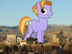 Size: 1632x1224 | Tagged: safe, artist:cheezedoodle96, artist:thegiantponyfan, edit, auburn vision, earth pony, pony, g4, boise, friendship student, giant pony, giant/macro earth pony, highrise ponies, idaho, irl, looking at you, macro, male, mega giant, photo, ponies in real life, smiling, solo, stallion