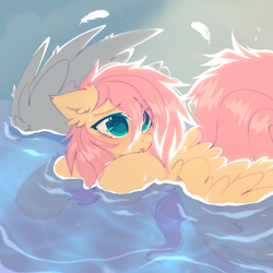 Size: 1000x1000 | Tagged: safe, artist:mirtash, fluttershy, pegasus, pony, g4, crying, feather, solo, underwater, water, wings