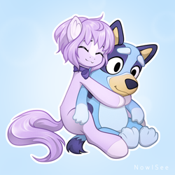 Size: 2000x2000 | Tagged: safe, artist:inowiseei, oc, oc only, oc:mio (higglytownhero), dog, earth pony, pony, semi-anthro, australian cattle dog, bluey, bluey heeler, high res, hug, plushie, solo