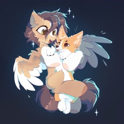 Size: 2000x2000 | Tagged: safe, artist:mirtash, oc, oc only, corgi, dog, pegasus, pony, g4, ;p, blaze (coat marking), blushing, coat markings, colored hooves, colored pinnae, colored wings, cute, dark background, ear fluff, eye clipping through hair, facial markings, happy, high res, hug, leg fluff, looking at each other, looking at someone, missing cutie mark, one eye closed, open mouth, pale belly, pegasus oc, recipient:apple nettle, socks (coat markings), solo, spread wings, tongue out, two toned wings, wing fluff, wings, wink