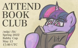 Size: 1738x1080 | Tagged: safe, artist:ashtoneer, twilight sparkle, pony, unicorn, g4, 4chan cup, beige background, book, female, glasses, mare, reading, simple background, solo, text