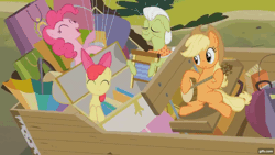 Size: 1280x720 | Tagged: safe, screencap, apple bloom, applejack, granny smith, pinkie pie, earth pony, pony, g4, pinkie apple pie, season 4, ^^, adorabloom, animated, apple bloom's bow, applejack's hat, bow, clothes, cowboy hat, cute, diapinkes, eyes closed, female, filly, foal, gif, gifs.com, hair bow, hat, jackabetes, mare, open clothes