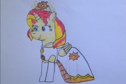 Size: 960x640 | Tagged: safe, artist:boogeyboy1, sunset shimmer, alicorn, pony, equestria girls, g4, alicornified, clothes, crown, drawing, dress, gloves, happy, jewelry, long gloves, ponified, race swap, regalia, shimmercorn, smiling