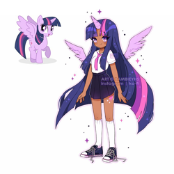 Size: 900x900 | Tagged: safe, alternate version, artist:bambieyhs, color edit, edit, editor:diameltzowo, twilight sparkle, alicorn, human, g4, clothes, converse, cute, cutie mark, cutie mark on human, dark skin, eyelashes, female, horn, horned humanization, humanized, kneesocks, long hair, necktie, pleated skirt, shoes, simple background, skin color edit, skirt, sneakers, socks, solo, sparkly eyes, twilight sparkle (alicorn), white background, wingding eyes, winged humanization, wings