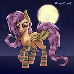 Size: 3375x3375 | Tagged: safe, artist:ingolf arts, fluttershy, bat pony, pony, g4, bat ponified, chest fluff, clothes, cute, ear fluff, eye reflection, female, flutterbat, full moon, high res, looking sideways, mare, moon, night, race swap, red eyes, reflection, socks, starry night, stars, striped socks, three quarter view, wings