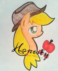 Size: 600x732 | Tagged: safe, artist:cryptidkitty, applejack, earth pony, pony, g4, apple, applejack's hat, cowboy hat, female, food, hat, honesty, mare, pencil drawing, smiling, text, traditional art