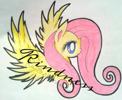 Size: 600x494 | Tagged: safe, artist:cryptidkitty, fluttershy, pegasus, pony, g4, female, kindness, mare, pencil drawing, smiling, spread wings, text, traditional art, wings